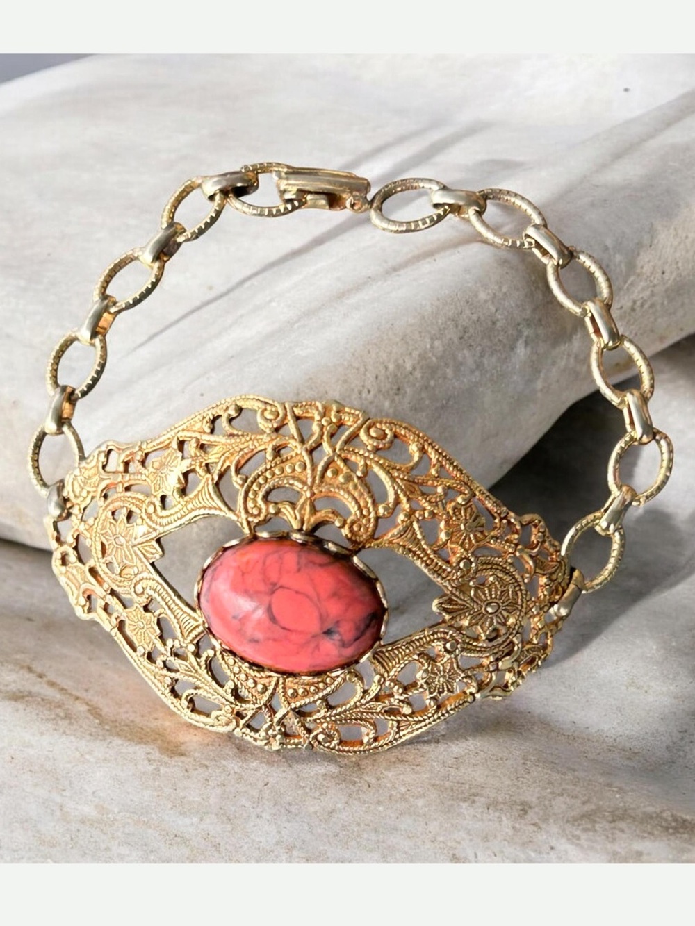 Vintage 1950’s Curved Filigree Rigid Frame Bracelet-Czech Glass Cabochan